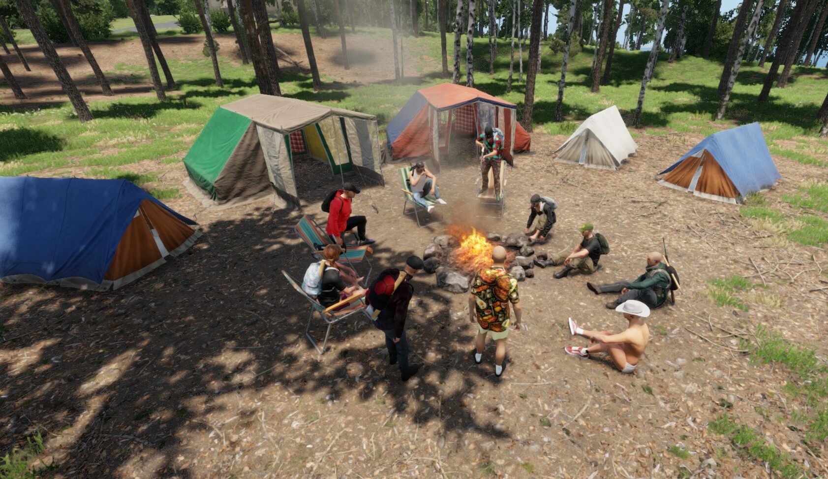 Players gathered around a campfire on Fountain Island